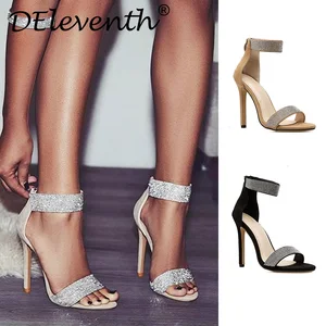 Женские босоножки на высоком каблуке, со сверкающими абрикосовыми черными бриллиантами, босоножки на высоком каблуке, лето 2019, пикантные Клубные босоножки, 35-43