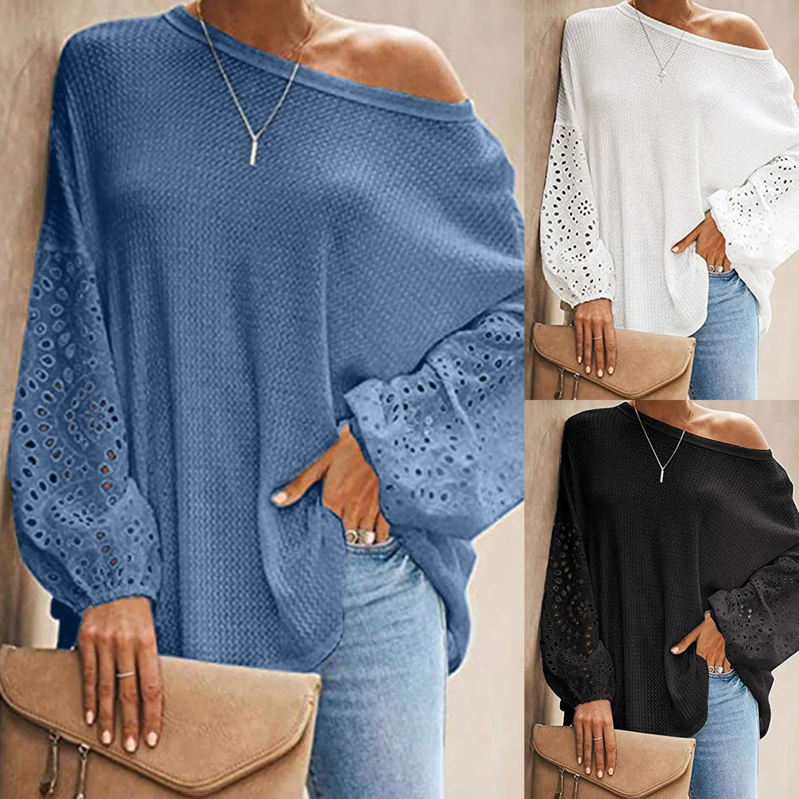 Модная вязаная кружевная блузка рубашка однотонные топы с открытыми плечами
