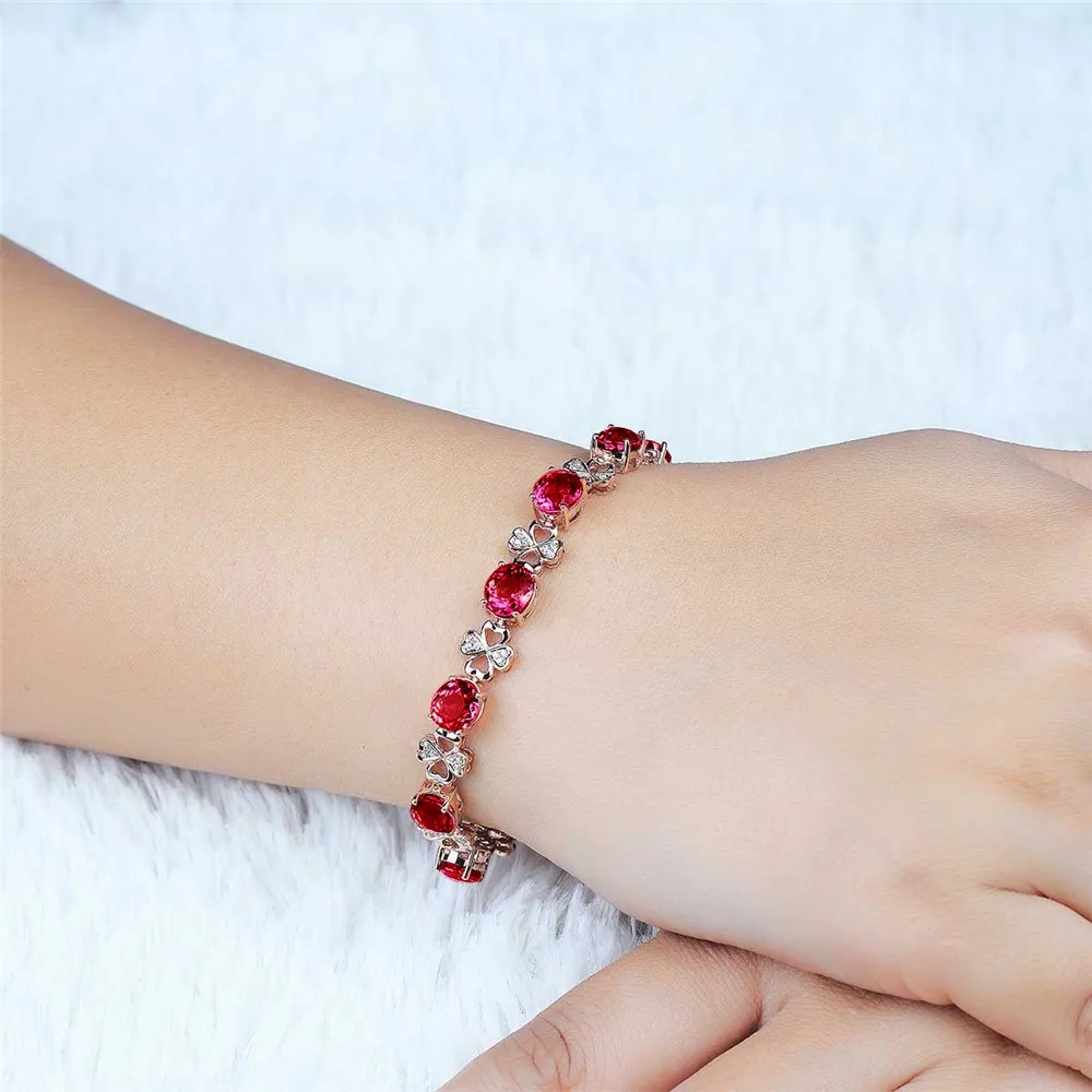 RUBY GEMSTONES RED CRYSTAL WOMEN BRACELETS DIAMONDS 18K ROSE GOLD COLOR LUXURY FINE JEWELRY CLOVER BIRTHDAY GIFTS BIJOUX BAGUE | Украшения