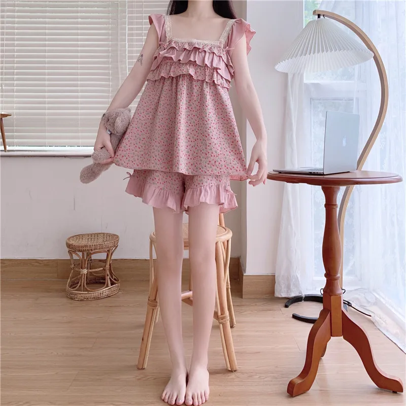 

Harajpee Sweet Princess Style Pajamas for Women 2021 Summer New Design Square Collar Ruffles Sleeveless Lounge Wear Cotton Suit