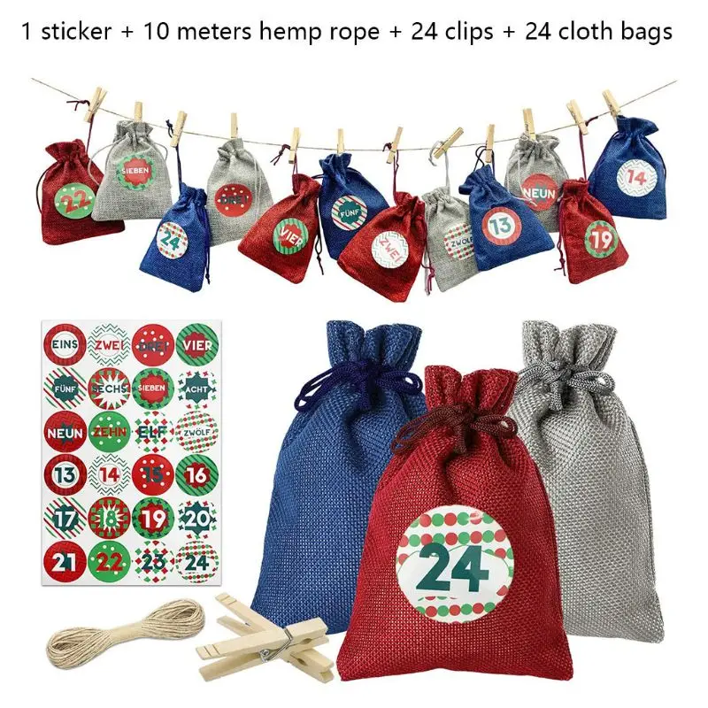 

Christmas 2020 Advent Calendar 24 Days Hanging Drawstring Candy Bags with Stickers Handmade DIY Sacks Reusable Xmas