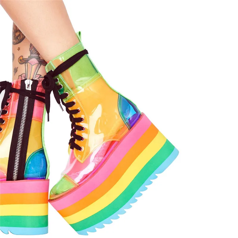 

MStacchi Women's Ankle Boots Summer Transparent Pvc Platform Boots Sexy Sandals Mixed Color Thick Bottom Lace-up Shoes Rain Boot