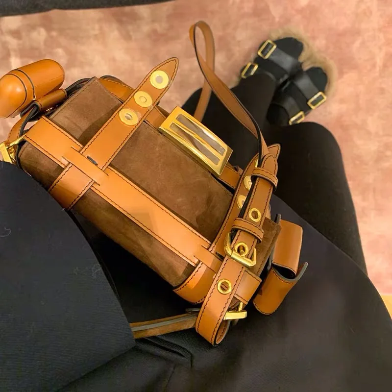 Женская Замшевая сумка-багет с карманом брендовая дизайнерская сумка через