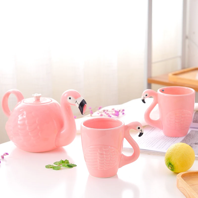 

Ins Pink Flamingo Girl Ceramic Water Cup Teapot Set with handle Home Mark cup Teaware Drinking Set