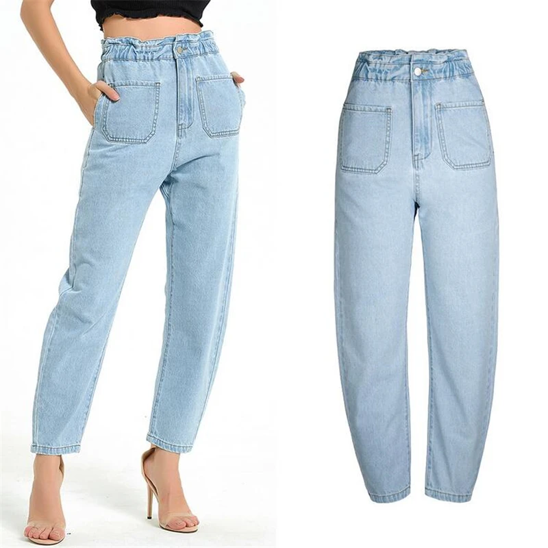 Джинсы женские свободные с высокой талией штаны из денима эластичным поясом