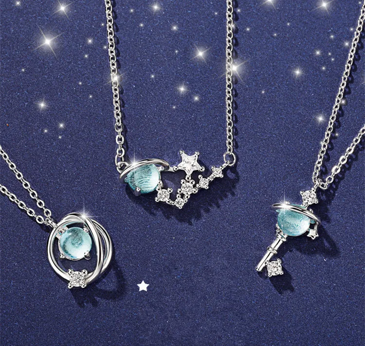 

Elegant Crystal Hollow Universe Planet Star Pendant Necklaces For Women 925 Sterling Silver Chain Necklaces Jewelry Gift