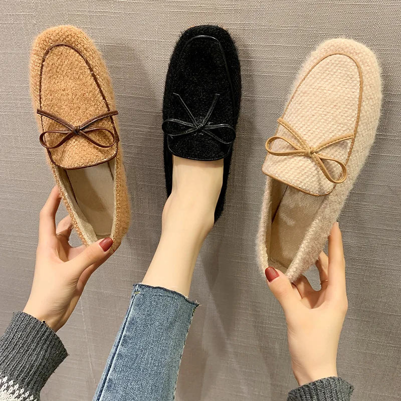 

Warm Plush Flat Shoes Women 2020 Spring Autumn New Fashion Casual Shoes Woman Slip on Solid Bow Knot Pea Ladies Shoes Loafers