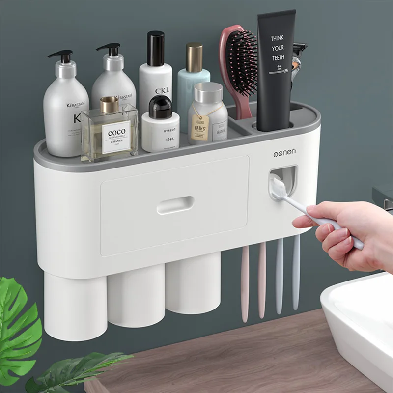 

Bathroom Accessorie Toothbrush Holder Wall Automatic Toothpaste Squeezer Dispenser Magnetic Adsorption Inverted Cup Storage Rack