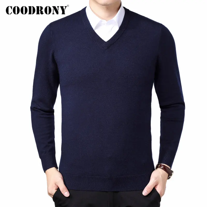 Бренд COODRONY, мужской свитер, Осень-зима, толстый, теплый, для мужчин, Классический Повседневный пуловер с v-образным вырезом, мужской кашемировый шерстяной трикотаж 91110