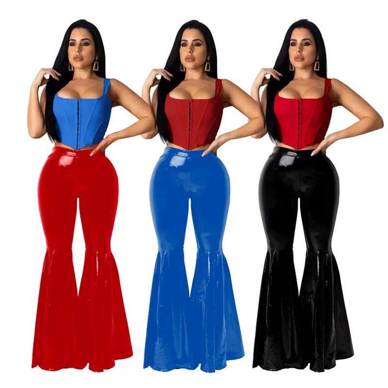 

Women's Sexy Leather High Waist Bell Bottom Flared Trousers