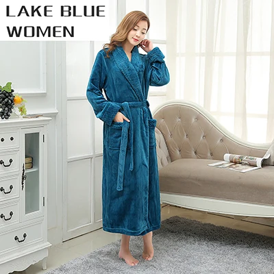 Women Lake Blue Женский удлиненный мягкий как шелк фланелевый банный халат Femme зимний теплый халат для невесты кимоно халат для подружки невесты свадебные халаты - Цвет: Women Lake Blue