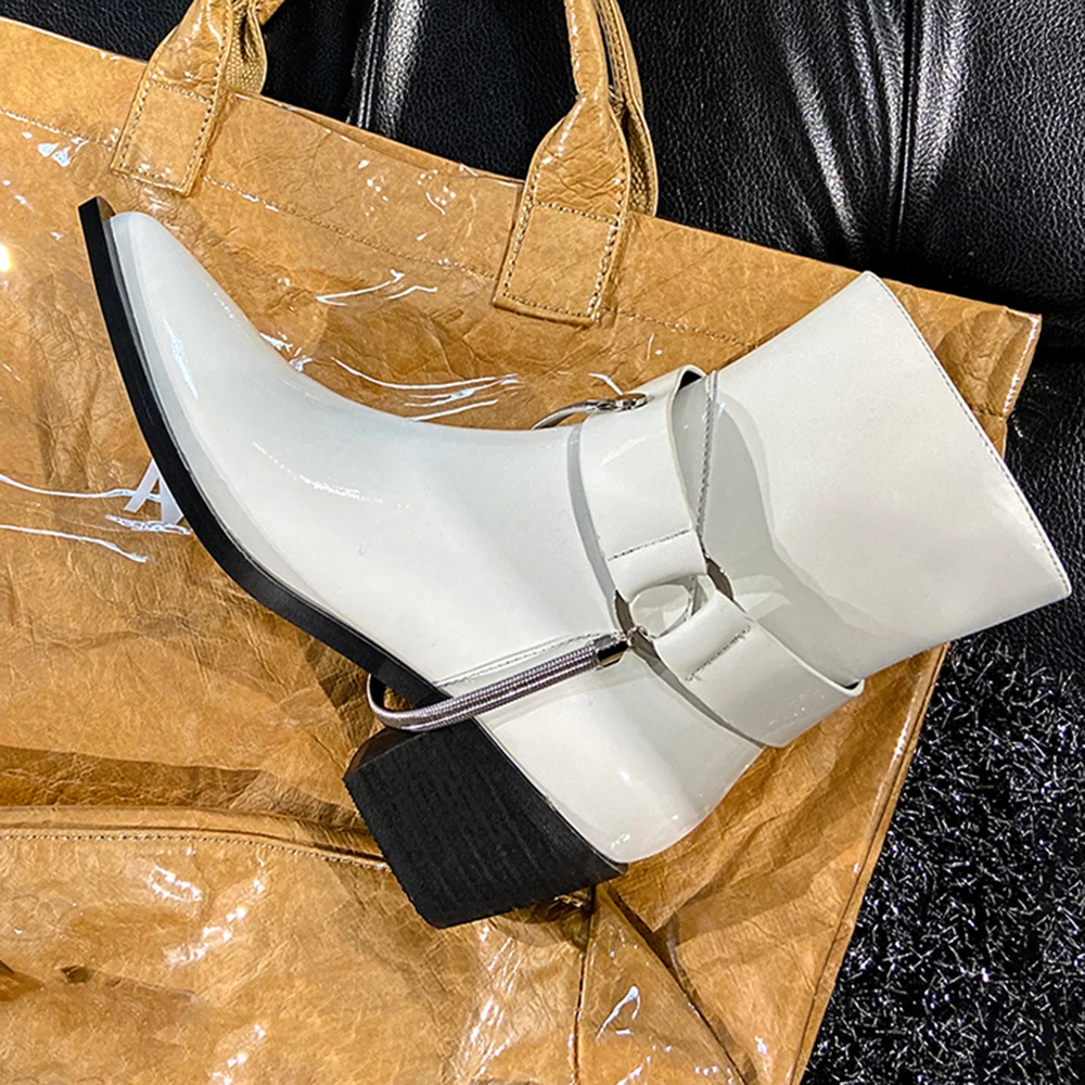 

ISNOM 2020 New Arrival Genuine Leather Ankle Boots Women Pointed Toe Metal Strap Booties Chunky High Heel Shoes Woman