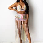 Женский сексуальный комплект из двух предметов, разноцветный укороченный топ без рукавов с глубоким V-образным вырезом и длинная юбка, Летняя Пляжная накидка