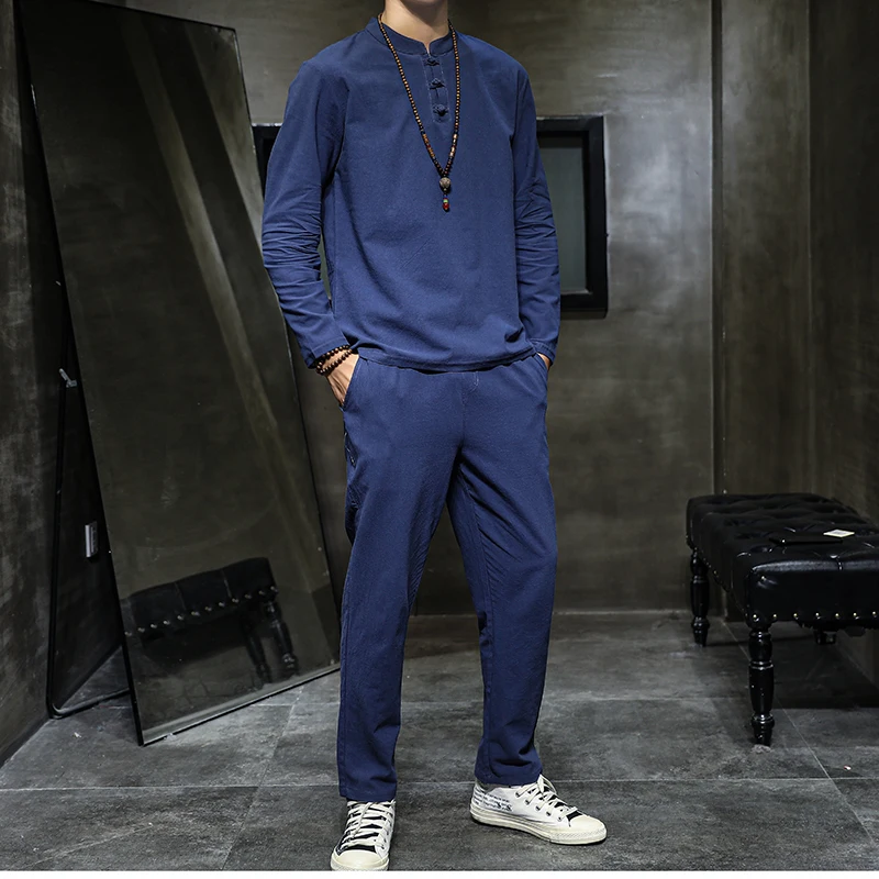 (Рубашка + брюки) 2021 весенние мужские рубашки хлопковые и льняные для мужчин