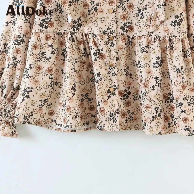 

Alldoke Women Ruffles Floral Print Chiffon Shirts Vintage V-neck Lantern Sleeve Blouses Sweet Spring Ladies Top Blusas Feminina