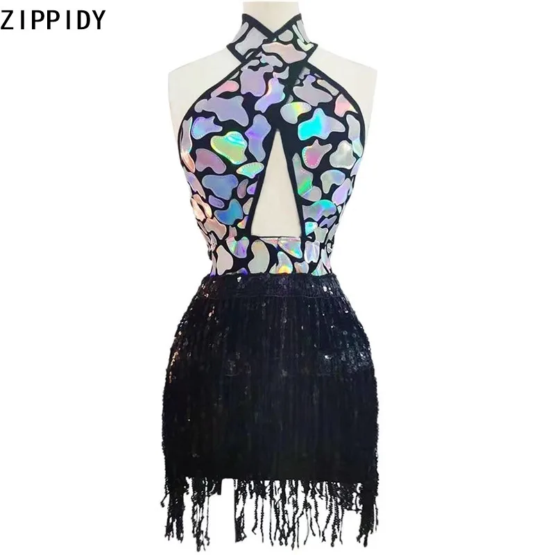 

Multi-color Sequin Black Fringe Dress Prom Birthday Club Singer Wear Women Latin Dance DS Show Backless Short Dress