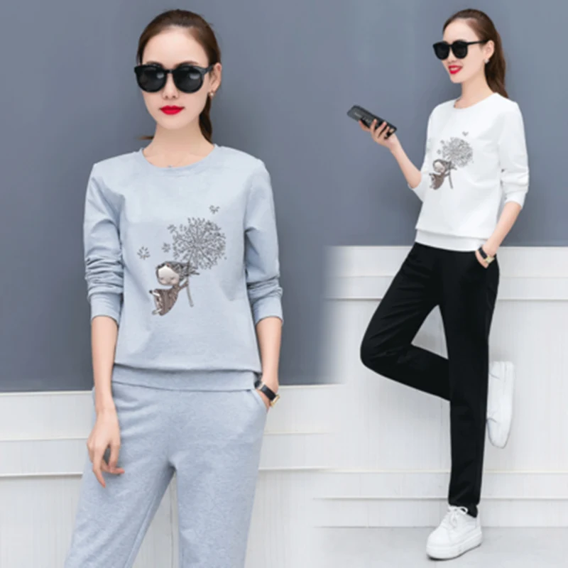 

Autumn New Women O-Neck Spring Casual Fashion Cartoon Sweatshirts Pants Female Fashion Two Pieces Sportwear Sporting Suit ZX227