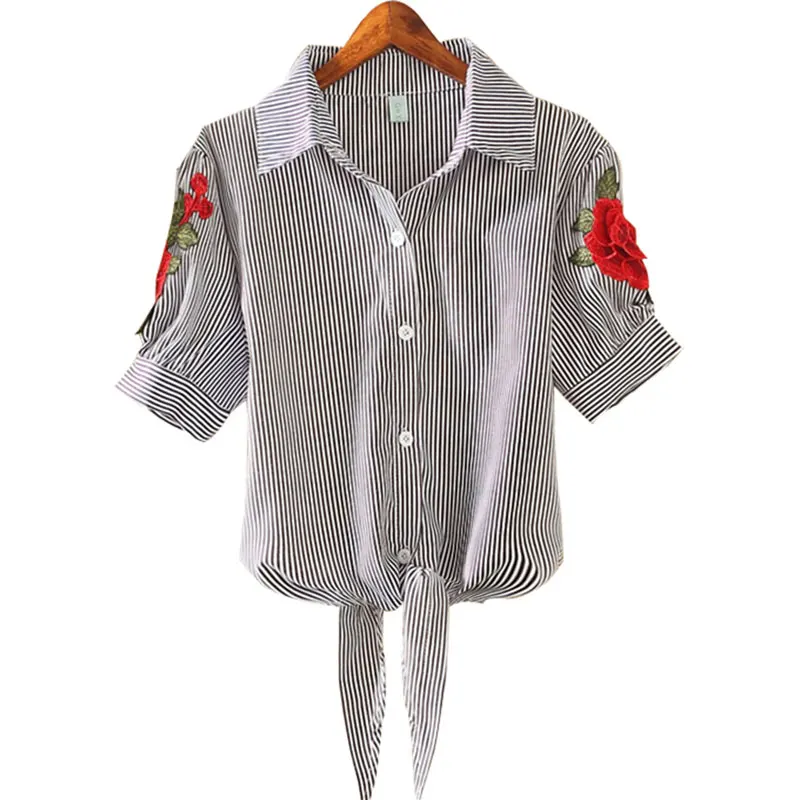 Летняя женская блузка рубашка с вышивкой блузы 2020 Повседневная полосатая