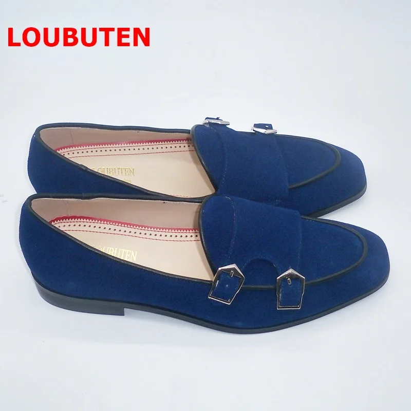 Мужские замшевые лоферы ручной работы LOUBUTEN темно-синие роскошные кожаные туфли