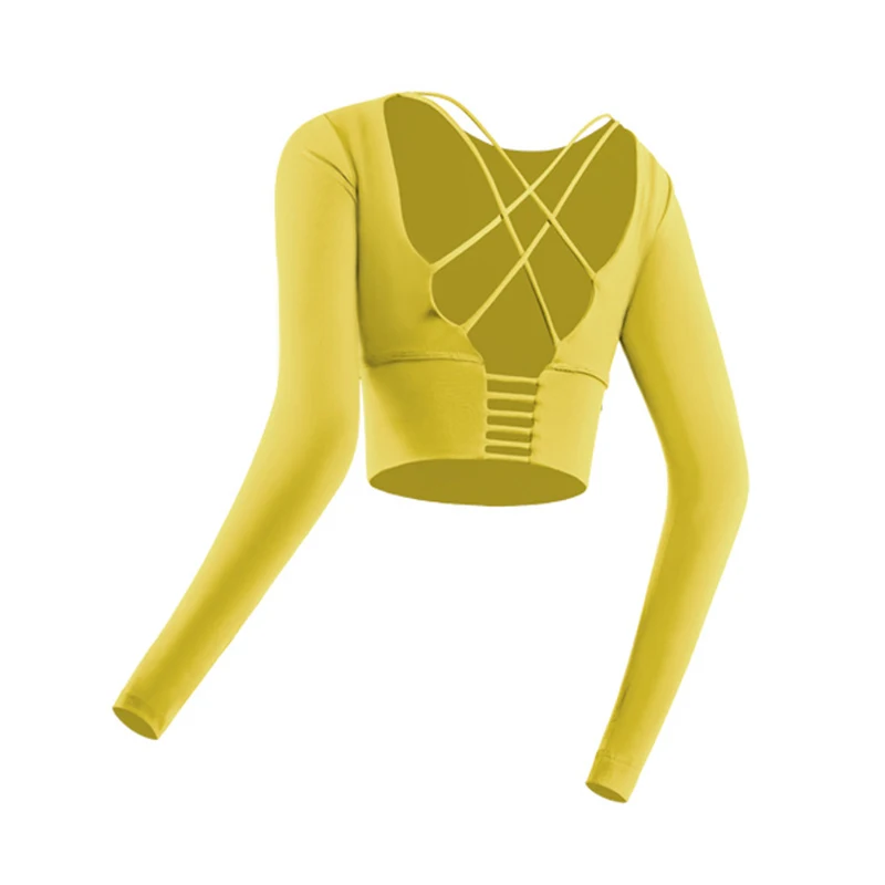 

Women's Padded Sports Top Long Sleeve Strappy Backless Workout Tops with Thumb Hole CMG786