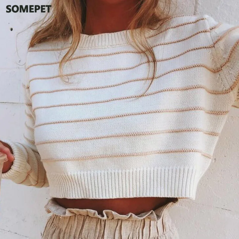 

Autumn Outfits Women Knitted Sweater O-Neck Long Sleeve Casual Short Knitted Top Female Striped Pullovers Ladies Pull Femme