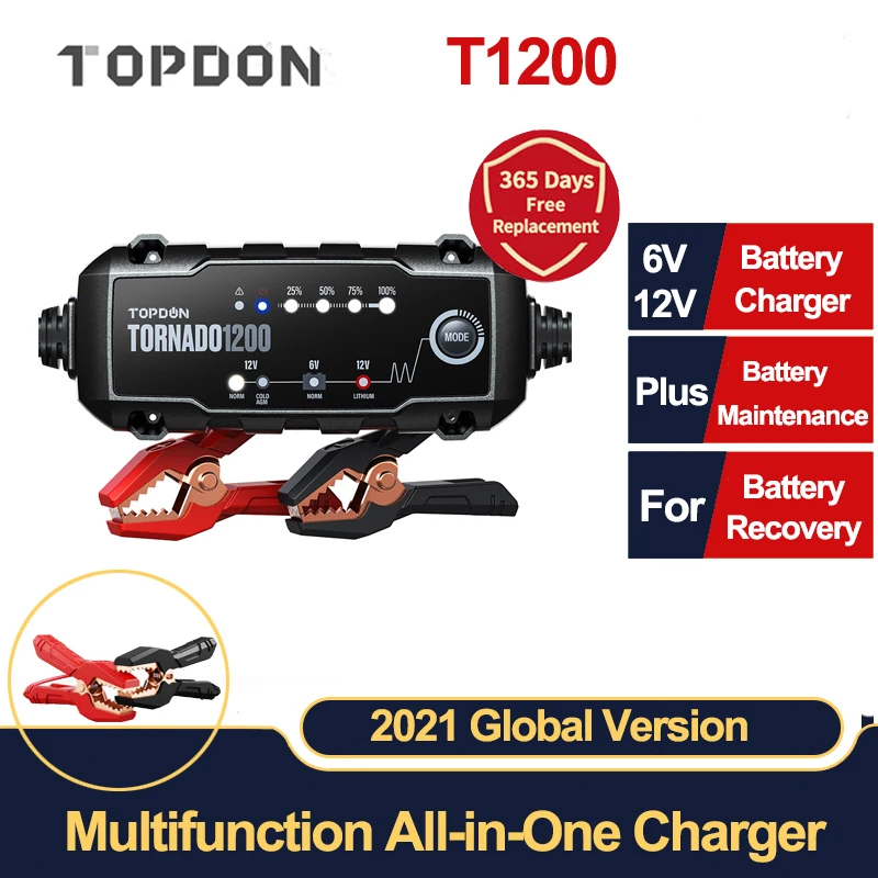 TOPDON T1200 6V 12V автомобильный Батарея Зарядное устройство 1 2 Amp полностью
