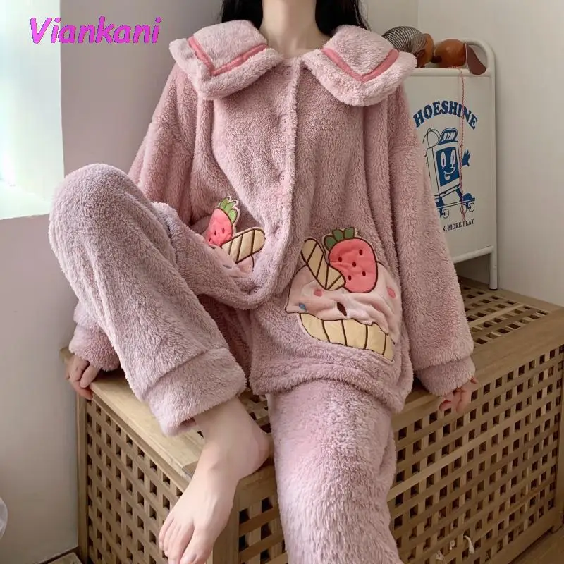 

Winter Women's Lolita Princess Pajamas Set 2022 Sweet Cute Cartoon Strawberry Cake Sleepwear Girly Warm Pink Lounge Pyjamas