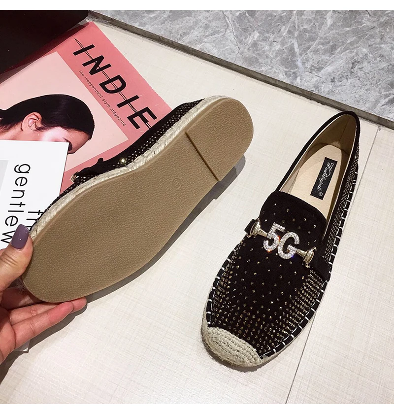 Fashion Hemp Loafers Women Espadrilles Flats Shoes Sewing Rhinestone Round Toe Ladies Casual Moccasins Slip On Brand Style New