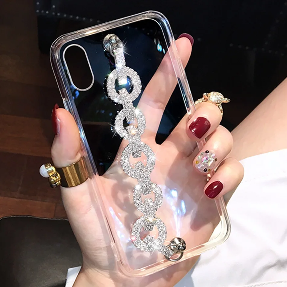 For Redmi Note 8 Pro 8T 6 7 5 Luxury Glitter Diamond Wrist Strap Bracelet Case 8A 7a Transparent Acrylic Cover |