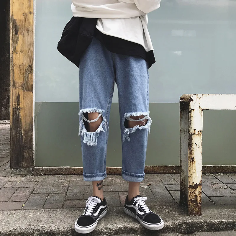 

Ripped jeans men's brand trendy hip-hop loose dad bad feet ankle length straight Japanese loose harem hip hop street pants