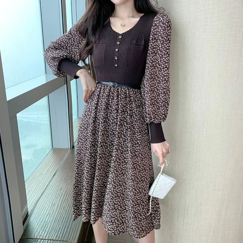 

Spring Women Fashion Knitted Patchwork party Dress 2021 Korean Elegant printing Puff Sleeve Chic Dress With Belt Vestidos Femme