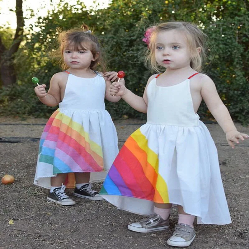 2021 Girls Princess Dress Rainbow Printed Sling Children's Kids Clothes Fashion Summer Toddler Party | Детская одежда и обувь