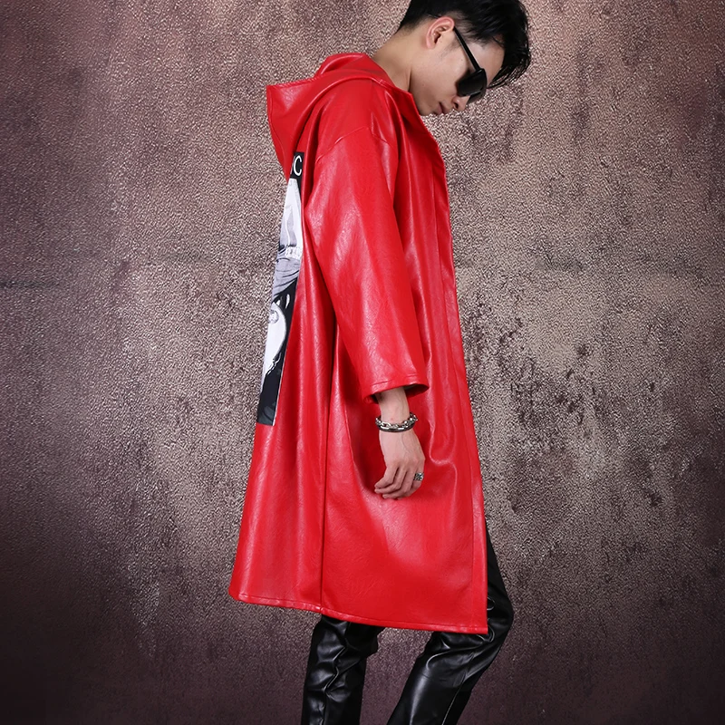 Мужская красная кожаная ветровка с капюшоном искусственная накидка свободная