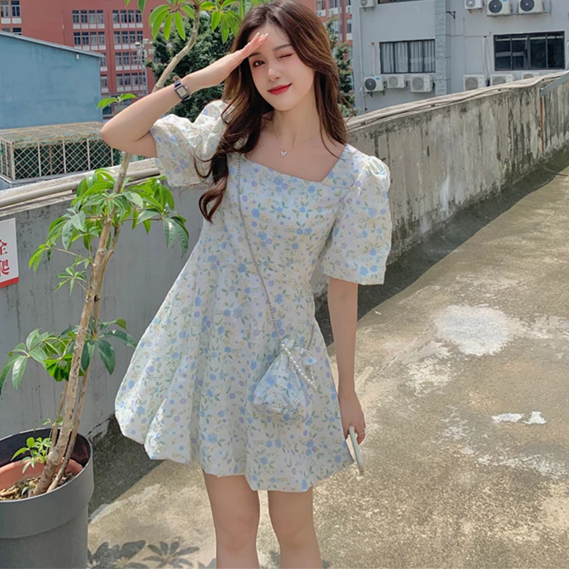 

Fitaylor Summer Women Sweet Print Square Collar Puff Sleeve Short Dresses Lady Elegant High Waist Lace-up A-line Vintage Dress