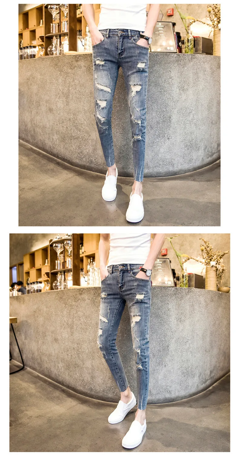 NEW spring autumn skinny strech Casual ripped hole fashion black teenagers hip hop cowboy denim leg jeans men pencil pants