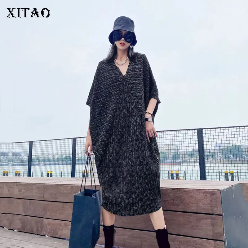 

XITAO винтажное вязаное платье, модное Свободное платье с v-образным вырезом и рукавом «летучая мышь», рукав «три четверти», осень 2021, новое тем...