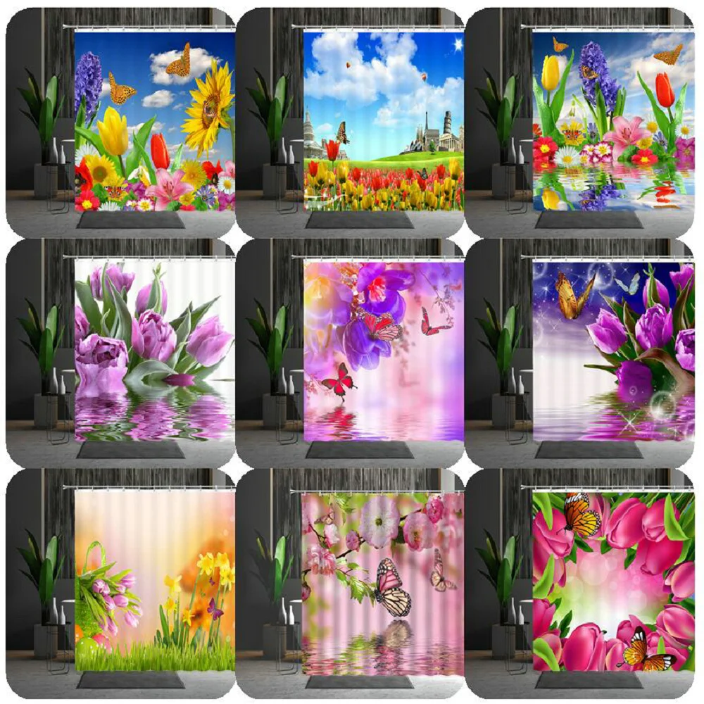 

Spring Landscape Flower Butterfly Bath Curtain Natural Scenery Flowers Bath Screen Waterproof Shower Curtain Set Multiple Size