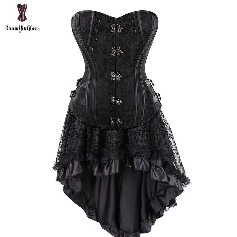 916 black with skirt Размера плюс в викторианском стиле асимметричное атласная с рюшами с кружевной отделкой Готический юбки Для женщин корсет Винтаж юбка в стиле стимпанк 937 - Цвет: 916 black with skirt