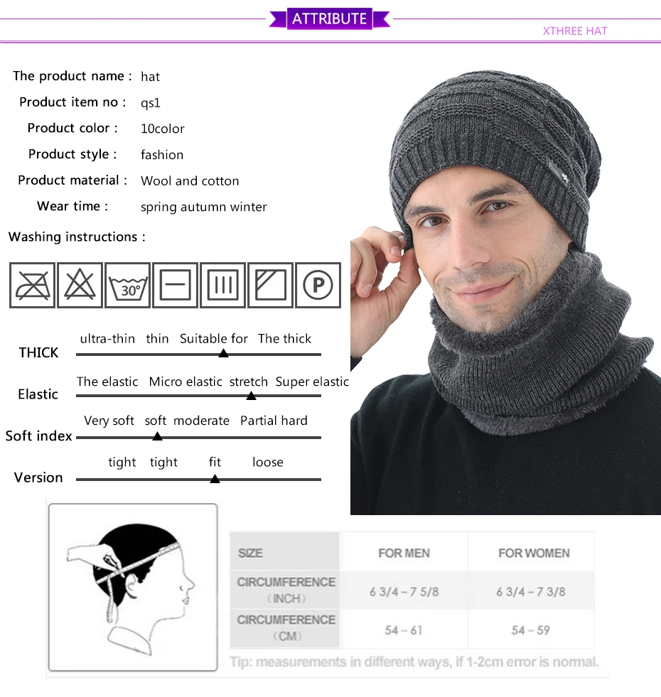 Зимняя шапка Xthree, шерстяные шапочки, вязаная шапка, шарф с подкладкой, мужские шапочки, зимние шапки для мужчин, шапочки, шапки