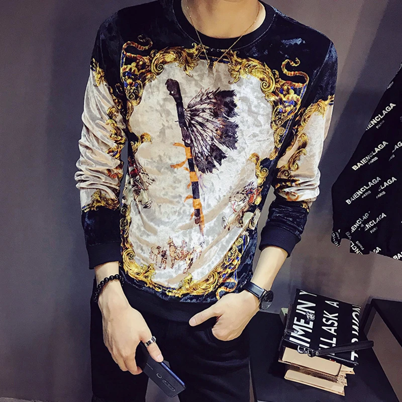 Vintage T Shirts Men Printing T Shirt Homme Club Outfit Men Long Sleeve O Neck Velvet T Shirt Autumn Luxury Men T Shirt