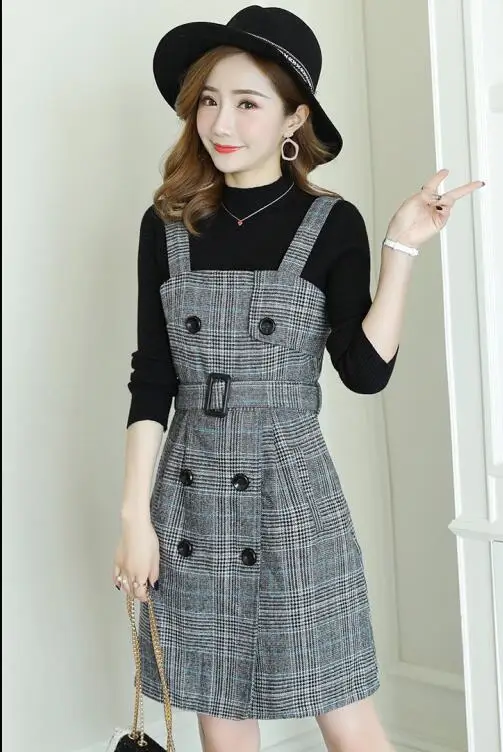 Black and Gray Set Твидовое платье наборы Осень Зима Мода белый/черный свитер и двубортные с поясом тонкие подтяжки платье Женский комплект 2 шт - Цвет: Black and Gray Set