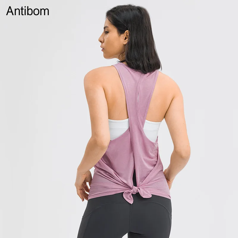 Antibom Sexy Hollow Cross Back Design Sleeveless Women's Shirt Running Breathable Loose Yoga Sports Top Fitness Gym Vest Female