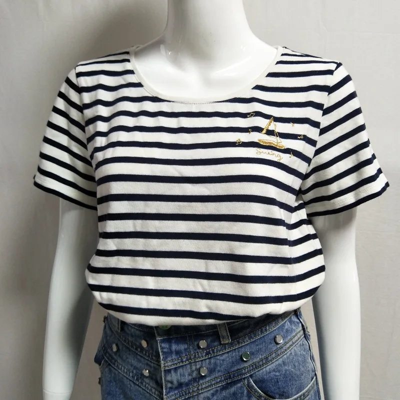 

women knit Striped sailboat embroidery printing knit short sleeves T shirt with little star