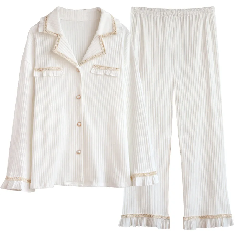 2021 Pajamas Women's Set Spring Autumn Long Sleeve Nightgown Cotton Pit Button Nightwear White Fashion Home Wear Sleepwear