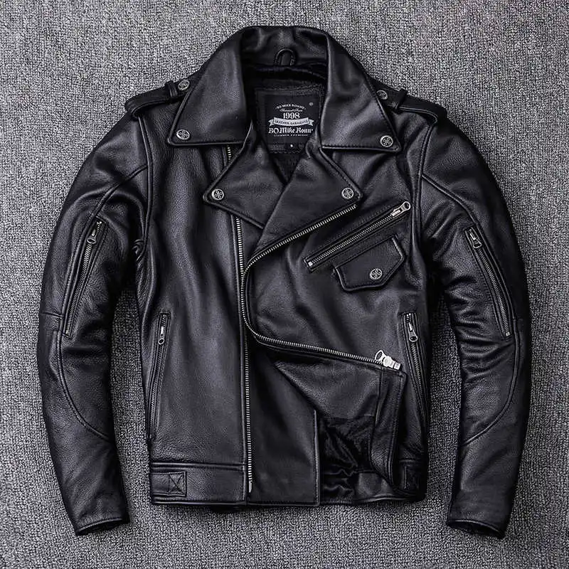 

Motorcycle Classic BOMikeRonny Jackets Men Leather Jacket 100% Natural Calfskin Thick Motor Jacket Sleeve Length in 24''-27''