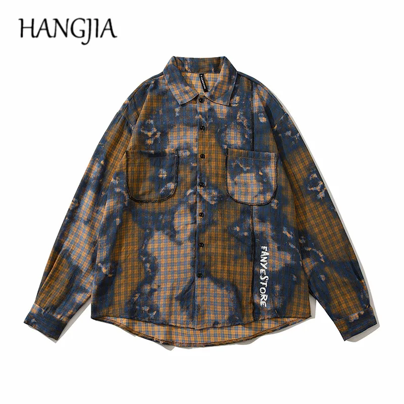 

Tie-dye Splash Ink Hip Hop Shirts Harajuku Streetwear Letter Graffiti Cotton Loose Casual Plaid Shirt for Men Women Thining 2021