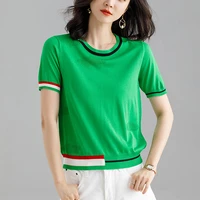 ljsxls 2021 summer o neck soft patchwork knitted sweater women short sleeve thin pullovers korean tops hollow out white jumper