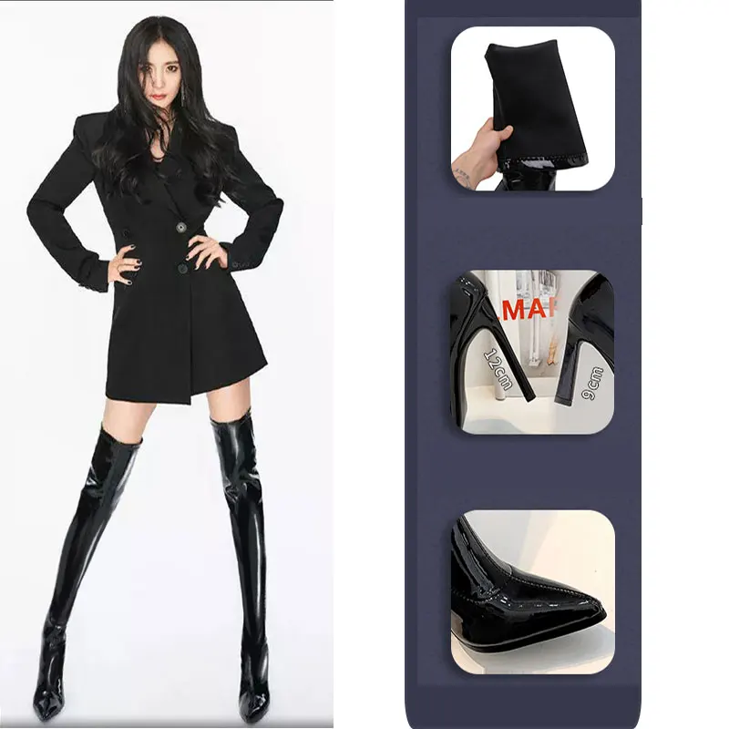 Sgesvier Over knee boots women's boots shiny patent leather boots sexy thigh boots high heels jazz dance pointed toe thin heels
