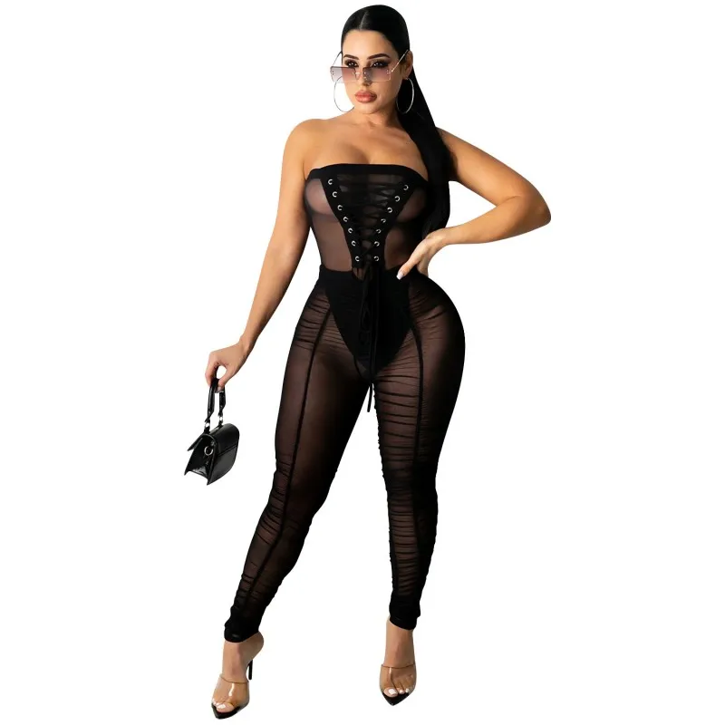 

Mesh Jumpsuit Women Bodysuit Strapless Eyelet Lace Up Skinny Rompers Summer Fashion See Through Sexy Club Wear Jumpsuits Outfits