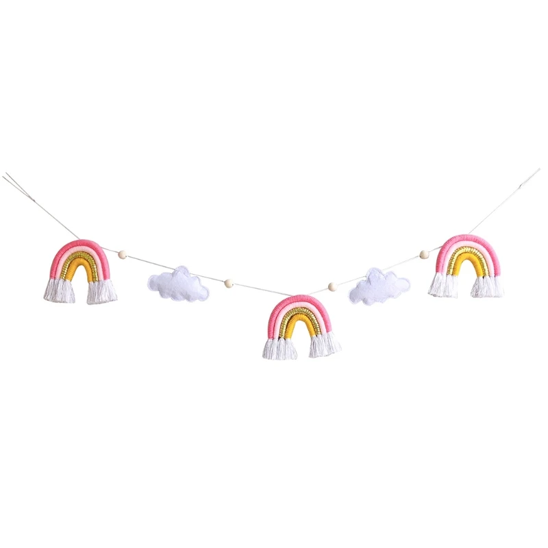 

Nordic Wooden Beads Garland with Felt Cloud Knitting Wool Rainbow Tassel Pendant